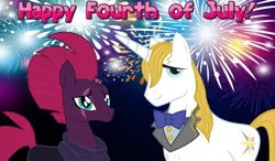 Size: 2064x1204 | Tagged: safe, derpibooru import, fizzlepop berrytwist, prince blueblood, tempest shadow, unicorn, 4th of july, berryblood, female, fireworks, friendship, friendshipping, holiday, male, night, shipping, shipping fuel, smiling, straight, this will end in friendship, truce, when he smiles, when she smiles