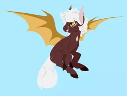 Size: 1304x986 | Tagged: safe, artist:catdork, derpibooru import, oc, bat pony, pony, bat pony oc, bat wings, blue background, cute, diamond, fangs, flying, markings, simple background, solo, wings