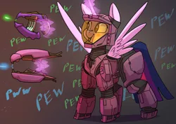 Size: 3508x2480 | Tagged: safe, artist:underpable, derpibooru import, twilight sparkle, twilight sparkle (alicorn), alicorn, pony, :p, armor, blush sticker, blushing, clothes, cute, female, fire team harmony, glowing horn, gray background, gun, halo (series), horn, laser, levitation, magic, mare, pew pew, simple background, smiling, solo, spread wings, suit, telekinesis, tongue out, twiabetes, weapon, wings