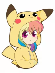 Size: 1600x2100 | Tagged: safe, artist:kittyrosie, derpibooru import, rainbow dash, human, pikachu, bust, clothes, costume, crossover, cute, dashabetes, female, hands in pockets, hoodie, humanized, kigurumi, looking at you, pokémon, simple background, solo, white background