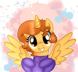 Size: 3000x2785 | Tagged: alicorn, alicorn oc, artist:doraeartdreams-aspy, bodysuit, catsuit, cheerful, cute, derpibooru import, female, happy, hippie, horn, jewelry, latex, latex suit, looking at you, necklace, oc, oc:aspen, paint splatter, peace suit, peace symbol, rubber suit, safe, smiling, solo, wings
