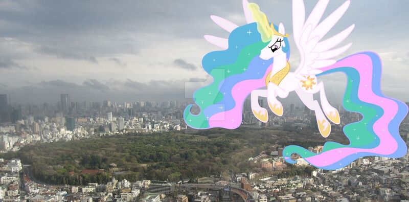 Size: 1920x948 | Tagged: safe, artist:princesslunayay, artist:shho13, derpibooru import, princess celestia, alicorn, pony, angry, celestia is not amused, city, deviantart, deviantart watermark, female, flying, giant alicorn, giant ponies in real life, giant pony, giantess, giantlestia, highrise ponies, irl, japan, macro, magic, magic aura, mare, mega celestia, mega giant, obtrusive watermark, photo, ponies in real life, princess celestia is not amused, solo, spread wings, tokyo, tree, unamused, watermark, wings