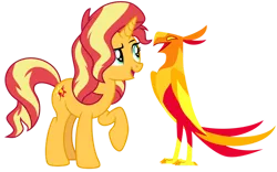 Size: 1024x640 | Tagged: safe, artist:emeraldblast63, derpibooru import, peewee, sunset shimmer, phoenix, pony, unicorn, female, mare, simple background, transparent background