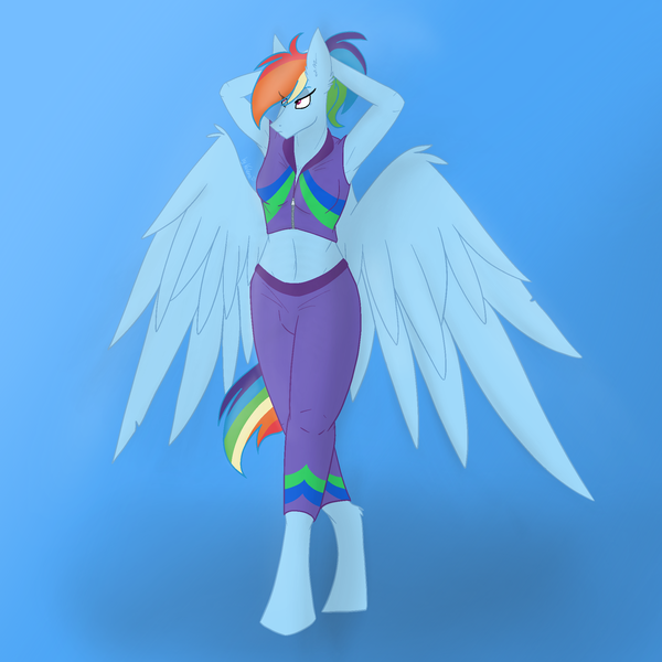 Size: 2048x2048 | Tagged: alternate hairstyle, anthro, arm behind head, artist:lunathemoongod, buckball fan gear rainbow dash, clothes, derpibooru import, female, jacket, mare, pants, pegasus, ponytail, rainbow dash, safe, simple background, solo, sports, sweatpants, wings