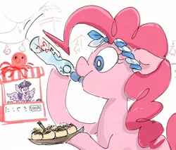 Size: 1280x1088 | Tagged: safe, artist:nendo, derpibooru import, pinkie pie, twilight sparkle, twilight sparkle (alicorn), alicorn, earth pony, drinking, duo, food, headband, ramune, takoyaki