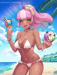 Size: 750x1000 | Tagged: artist:draltruist, beach, beach babe, belly button, bikini, bikini babe, bracelet, breasts, busty cheerilee, cheerilee, clothes, cutie mark, derpibooru import, food, hairband, human, humanized, ice cream, ice cream cone, jewelry, open mouth, palm tree, sand, sexy, stupid sexy cheerilee, suggestive, swimsuit, tree, water