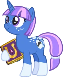 Size: 1491x1834 | Tagged: safe, artist:lightning stripe, derpibooru import, oc, oc:everstar, unofficial characters only, pony, unicorn, blue coat, book, cutie mark, dappled, freckles, friendship journal, headband, horn, purple eyes, purple mane, show accurate, simple background, socks (coat marking), solo, transparent background, vector