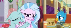 Size: 1846x720 | Tagged: safe, derpibooru import, screencap, gallus, ocellus, silverstream, changedling, changeling, gryphon, hippogriff, angry, booth, diner, drink, food, meme, pancakes, pie, pointing, syrup, woman yelling at a cat