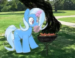Size: 1388x1080 | Tagged: safe, anonymous artist, derpibooru import, trixie, pony, unicorn, female, food, grill, hot dog, irl, levitation, link, magic, mare, meat, photo, ponies eating meat, ponies in real life, sausage, solo, telekinesis, the legend of zelda, tongs, wiener