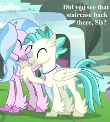 Size: 648x720 | Tagged: brother and sister, cropped, cute, derpibooru import, diastreamies, edit, edited screencap, female, jewelry, male, maud's cave, necklace, safe, screencap, siblings, silverstream, speech, student counsel, talking, terrabetes, terramar, waterfall