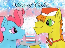 Size: 635x465 | Tagged: safe, artist:snow quill, derpibooru import, carrot cake, cup cake, cake, carrot cup, chiffon swirl, cover art, female, food, looking at each other, male, platter, pride, pride flag, shipping, story in the source, straight, transgender pride flag