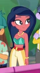 Size: 371x670 | Tagged: suggestive, derpibooru import, edit, edited screencap, screencap, desert sage, doodle bug, microchips, equestria girls, equestria girls series, sunset's backstage pass!, spoiler:eqg series (season 2), breasts, bustier, busty desert sage, cleavage, cropped, female, male, offscreen character