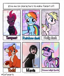 Size: 1080x1272 | Tagged: safe, artist:fluffytown_, derpibooru import, holly dash, rainbow dash, tempest shadow, twilight sparkle, twilight sparkle (alicorn), alicorn, pegasus, pony, unicorn, six fanarts, broken horn, crossover, eyes closed, female, freckles, grin, horn, hotel transylvania, male, mare, mavis, open mouth, raised hoof, smiling, the fox and the hound, todd