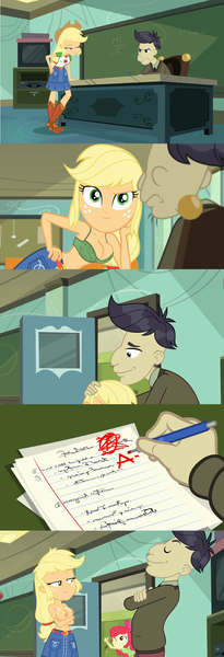 Size: 860x2516 | Tagged: questionable, derpibooru import, edit, edited screencap, screencap, apple bloom, applejack, cranky doodle donkey, equestria girls, equestria girls series, happily ever after party, belly button, breasts, busty applejack, clothes, comic, female, happily ever after party: applejack, implied blowjob, implied oral, implied sex, male, nipples, nudity, partial nudity, topless