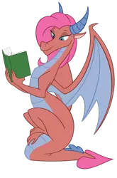 Size: 562x852 | Tagged: artist:queencold, book, derpibooru import, dragon, dragoness, female, mina, older mina, pink hair, safe, simple background, solo, tail, tail stand, transparent background, wings