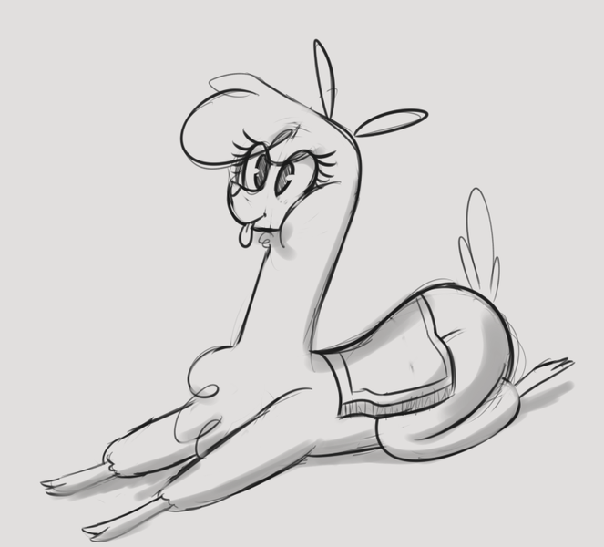 Size: 777x703 | Tagged: safe, artist:hitsuji, derpibooru import, paprika paca, alpaca, them's fightin' herds, :p, cloven hooves, community related, cute, female, gray background, grayscale, monochrome, simple background, sketch, solo, tongue out