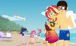 Size: 1896x1144 | Tagged: safe, artist:starlightglimmerfan1, derpibooru import, edit, edited screencap, screencap, sci-twi, sunset shimmer, twilight sparkle, oc, oc:brandon, equestria girls, equestria girls series, forgotten friendship, beach, bikini, canon x oc, clothes, sarong, self insert, swimming trunks, swimsuit