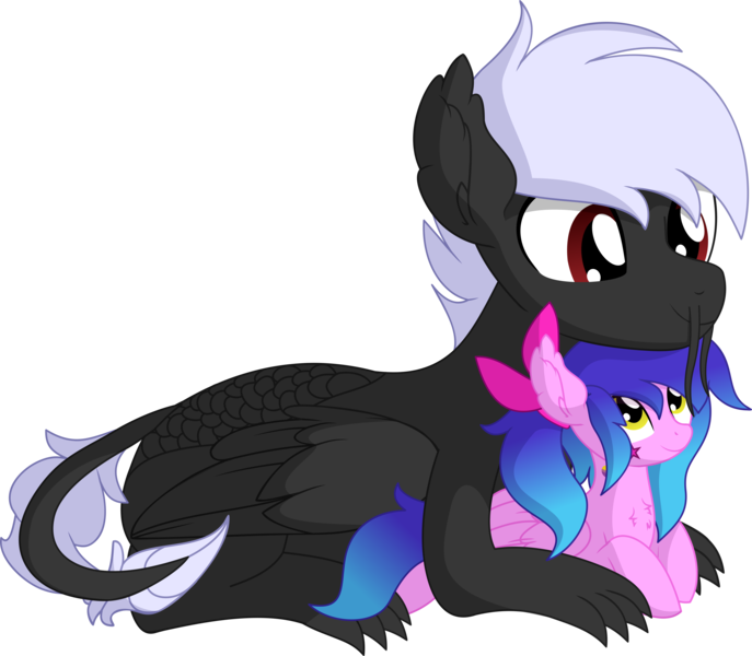 Size: 7413x6473 | Tagged: safe, artist:cyanlightning, derpibooru import, oc, oc:hawk, oc:neon, dracony, dragon, hybrid, pegasus, pony, .svg available, absurd resolution, duo, female, looking at each other, male, mare, simple background, transparent background, vector