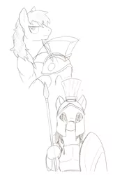 Size: 632x976 | Tagged: safe, artist:droll3, derpibooru import, ponified, earth pony, pony, 300, monochrome, shield, simple background, sketch, spartan, spear, traditional art, weapon, white background