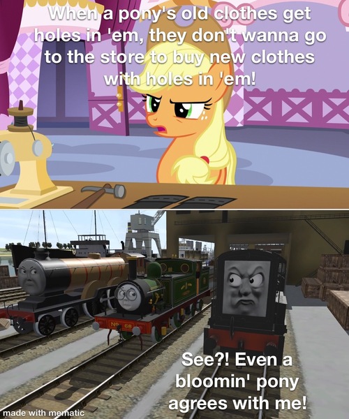 Size: 1000x1200 | Tagged: applejack, benson (stories of sodor), clothes, derpibooru import, devious diesel, diesel, edit, edited screencap, honest apple, jeans, locomotive, meme, pants, ripped jeans, safe, screencap, sodor shorts, steam engine, stories of sodor, thomas and friends, thomas the tank engine, trainz simulator, whiff