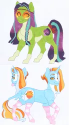 Size: 2550x4633 | Tagged: safe, artist:frozensoulpony, derpibooru import, oc, oc:pixie, oc:thistle trill, unofficial characters only, pony, clothes, magical lesbian spawn, offspring, parent:starlight glimmer, parent:sunburst, parent:tree hugger, parent:trixie, parents:trixburst, socks, striped socks, traditional art