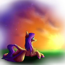 Size: 3750x3750 | Tagged: safe, artist:spirit-1, derpibooru import, fluttershy, pony, prone, solo, sunset