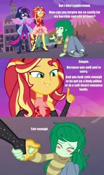 Size: 3000x5062 | Tagged: safe, derpibooru import, edit, edited screencap, screencap, sci-twi, sunset shimmer, twilight sparkle, wallflower blush, equestria girls, equestria girls series, forgotten friendship, blushing, canterlot high, caption, comic, easily forgiven, eyes closed, headband, image macro, meta, pickup truck, ponied up, pony ears, sad, screencap comic, sitting, smiling, text, wings