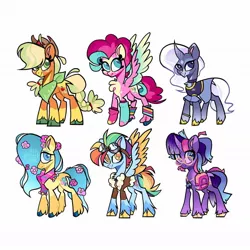 Size: 1080x1080 | Tagged: safe, artist:xxfluffycipherxx, derpibooru import, applejack, fluttershy, pinkie pie, rainbow dash, rarity, twilight sparkle, earth pony, pegasus, unicorn, g5, leak, spoiler:g5, alternate design, applejack (g5), earth pony fluttershy, fluttershy (g5), goggles, image, jpeg, mane six, mane six (g5), pegasus pinkie pie, pinkie pie (g5), race swap, rainbow dash (g5), rarity (g5), redesign, simple background, spread wings, twilight sparkle (g5), twitterina design, white background, wings