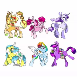 Size: 1080x1080 | Tagged: safe, artist:xxfluffycipherxx, derpibooru import, applejack, fluttershy, pinkie pie, rainbow dash, rarity, twilight sparkle, earth pony, pegasus, unicorn, g5, leak, spoiler:g5, alternate design, applejack (g5), earth pony twilight, fluttershy (g5), goggles, image, jpeg, leonine tail, mane six, mane six (g5), pegasus pinkie pie, pinkie pie (g5), race swap, rainbow dash (g5), raised hoof, rarity (g5), redesign, simple background, spread wings, twilight sparkle (g5), twitterina design, unicorn fluttershy, white background, wings