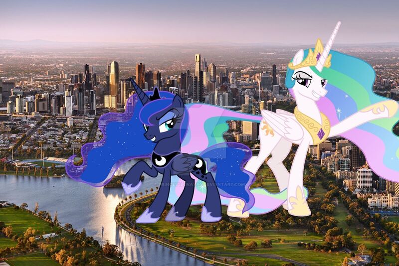 Size: 1600x1067 | Tagged: safe, artist:chrzanek97, artist:princesslunayay, derpibooru import, princess celestia, princess luna, alicorn, pony, australia, city, deviantart, deviantart watermark, duo, female, giant alicorn, giant ponies in real life, giant pony, giantess, giantlestia, grass, highrise ponies, irl, macro, mare, mega celestia, mega giant, mega luna, melbourne, obtrusive watermark, photo, ponies in real life, raised hoof, raised leg, royal sisters, siblings, sisters, smiling, smirk, tree, watermark