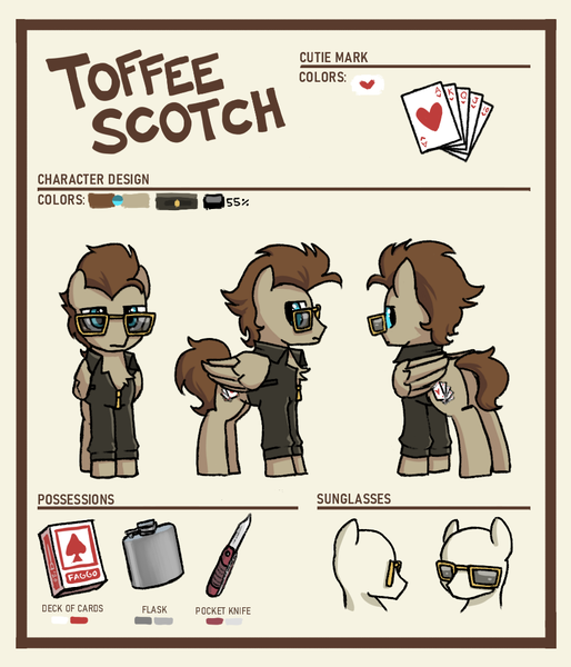 Size: 900x1050 | Tagged: artist:plunger, card, clothes, cutie mark, derpibooru import, flask, jacket, knife, leather jacket, male, meme, oc, oc:toffee scotch, pegasus, pegasus oc, playing card, reference sheet, safe, sunglasses, text, unofficial characters only, wings