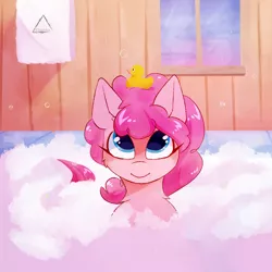 Size: 1500x1500 | Tagged: safe, artist:glazirka, derpibooru import, pinkie pie, earth pony, pony, bath, bubble, cute, diapinkes, rubber duck, solo, towel, window