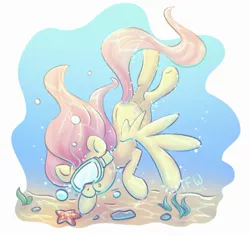 Size: 2388x2259 | Tagged: safe, artist:musicfirewind, derpibooru import, fluttershy, pegasus, pony, starfish, diving, diving goggles, solo, underwater, water