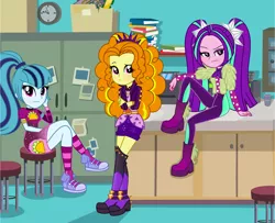 Size: 3165x2565 | Tagged: safe, artist:n-brillance, artist:yaya54320bases, derpibooru import, adagio dazzle, aria blaze, sonata dusk, equestria girls, base used, belt, book, boots, clock, clothes, converse, desk, dress, eyeshadow, female, food, headband, high heel boots, jacket, leather jacket, makeup, pants, shoes, shorts, skirt, socks, stool, striped socks, taco, taco dress, the dazzlings, trio