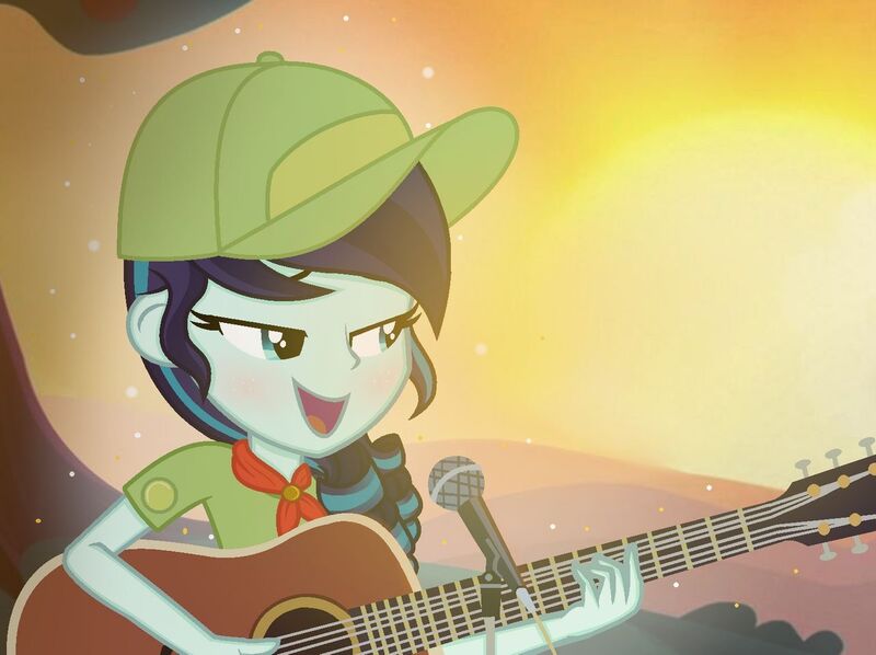 Size: 1280x957 | Tagged: safe, artist:lumi-infinite64, artist:n-brillance, artist:shootingstar-shine, derpibooru import, coloratura, equestria girls, the mane attraction, acoustic guitar, alternate hairstyle, base used, blushing, camp friendship, clothes, equestria girls interpretation, female, guitar, hat, microphone, musical instrument, open mouth, rara, scene interpretation, shirt, solo, sunset, tree, younger