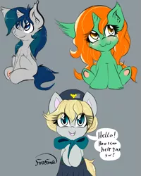 Size: 1481x1854 | Tagged: safe, artist:freefraq, derpibooru import, oc, oc:dawn glare, oc:emerald isle, oc:rafale, unofficial characters only, pony, unicorn, :3, clothes, dialogue, smiling