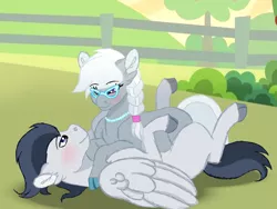 Size: 1400x1050 | Tagged: safe, artist:estories, artist:themune, derpibooru import, rumble, silver spoon, earth pony, pegasus, pony, bedroom eyes, blank flank, blushing, bush, cloven hooves, cute, female, fence, glasses, jewelry, looking at each other, male, mare, missing cutie mark, necklace, older, older rumble, older silver spoon, on top, rumblespoon, shipping, stallion, straight, unshorn fetlocks