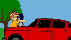 Size: 1280x720 | Tagged: safe, derpibooru import, raven, sunset shimmer, equestria girls, arm around neck, car, dating, female, lesbian, shimrav, smiling, smirk, studebaker, studebaker lark, teen titans