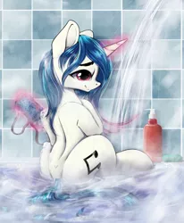 Size: 1576x1917 | Tagged: safe, artist:hitbass, derpibooru import, vinyl scratch, pony, unicorn, female, glowing horn, horn, looking at you, magic, mare, shower, smiling, soap, telekinesis, water, wet, wet mane