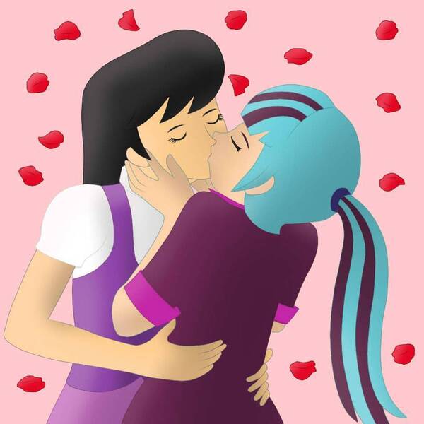 Size: 894x894 | Tagged: safe, artist:thesleeplessbeholder, derpibooru import, octavia melody, sonata dusk, human, equestria girls, cute, female, heart, holding, human coloration, humanized, kiss on the lips, kissing, lesbian, romantic, shipping, shipping fuel, sonatabetes, sontavia