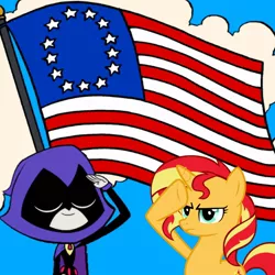 Size: 768x768 | Tagged: safe, derpibooru import, raven, sunset shimmer, pony, unicorn, american flag, base used, betsy ross, female, mare, patriotism, salute, shimrav, teen titans go