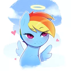 Size: 2000x2000 | Tagged: safe, artist:captainpudgemuffin, derpibooru import, rainbow dash, pegasus, pony, a cute angel, alternate hairstyle, angel, blushing, bust, cute, dashabetes, female, halo, high res, portrait, short hair, solo