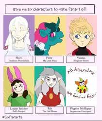 Size: 1080x1284 | Tagged: safe, artist:michelleholtdraws, derpibooru import, fizzy, human, pony, unicorn, six fanarts, blush sticker, blushing, bob's burgers, bunny ears, bust, clown, crossed arms, crossover, deadman wonderland, ear piercing, eda, evil grin, female, frown, g1, grin, hat, kingdom hearts, louise belcher, male, mare, open mouth, piercing, shiro, sitting, smiling, starry eyes, the owl house, ventus, wingding eyes