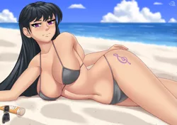 Size: 1001x705 | Tagged: alternate version, artist:rocky-ace, beach babe, belly button, bikini, breasts, busty octavia, clothes, cutie mark on human, derpibooru import, female, human, humanized, ocean, octavia melody, solo, solo female, suggestive, sunglasses, suntan lotion, swimsuit