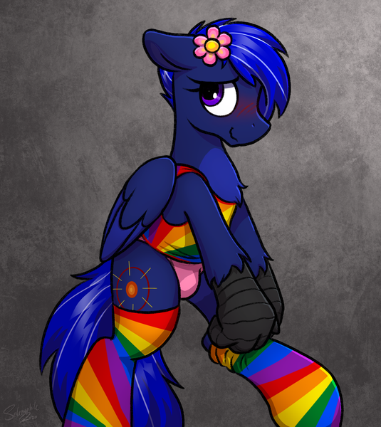 Size: 2676x3000 | Tagged: suggestive, artist:selenophile, derpibooru import, oc, oc:neutrino burst, unofficial characters only, hippogriff, pony, blushing, clothes, crossdressing, flower, flower in hair, gay pride flag, getting dressed, girly, male, panties, pink panties, pride, pride flag, pride month, rainbow socks, socks, solo, solo male, striped socks, thigh highs, underwear