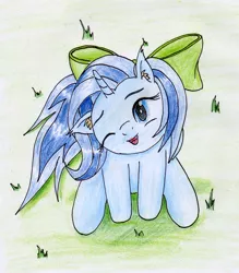 Size: 1966x2245 | Tagged: safe, artist:40kponyguy, derpibooru import, oc, oc:fishy wishes, unofficial characters only, unicorn, bow, cute, ear fluff, floppy ears, grass, hair bow, head tilt, laughing, looking at you, looking up, ocbetes, one eye closed, requested art, solo, traditional art
