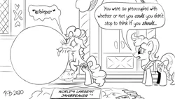 Size: 1200x675 | Tagged: artist:pony-berserker, body horror, cup cake, derpibooru import, jawbreaker, jurassic park, monochrome, not salmon, pinkie pie, pony-berserker's twitter sketches, safe, sketch, sugarcube corner, this is gonna suck, wat, whimper