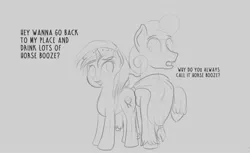 Size: 1024x627 | Tagged: safe, artist:cosmonaut, derpibooru import, oc, oc:flying saucer, oc:marina fae, unofficial characters only, earth pony, unicorn, female, headband, male, mare, monochrome, stallion, unshorn fetlocks