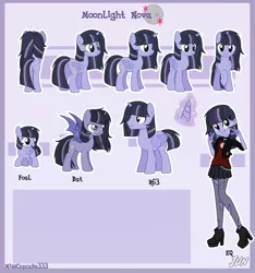 Size: 2595x2770 | Tagged: safe, artist:alphajunko, derpibooru import, oc, oc:moonlight nova, unofficial characters only, alicorn, bat pony, pony, icey-verse, equestria girls, alicorn oc, bat ponified, belt, boots, butt, chains, choker, clothes, commission, equestria girls-ified, female, filly, glowing horn, grin, high heel boots, horn, jacket, leather jacket, magical lesbian spawn, male, mare, multicolored hair, offspring, parent:mean twilight sparkle, parent:oc:moonshine twinkle, parents:canon x oc, parents:meanshine, peace sign, plot, race swap, reference sheet, rule 63, shirt, shoes, skirt, smiling, socks, solo, stallion, stockings, t-shirt, thigh highs, torn clothes, wings, younger