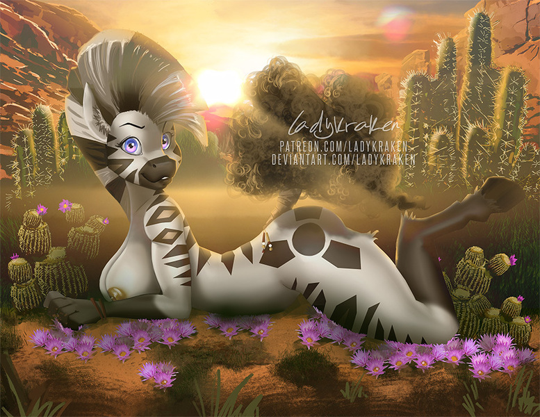 Size: 900x695 | Tagged: anthro, artist:ladykraken, breasts, derpibooru import, female, flower, nipples, nudity, oc, oc:lars, questionable, solo, solo female, sunset, zebra, zebra oc